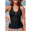 image:imageWomens Halter Tankini Tops Only  V Neck Tummy Control Swim Top Lace Up Bathing Suit Ruched Top Only No Bottom 2025Black