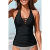 image:imageWomens Halter Tankini Tops Only  V Neck Tummy Control Swim Top Lace Up Bathing Suit Ruched Top Only No Bottom 2025Black