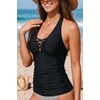 image:imageWomens Halter Tankini Tops Only  V Neck Tummy Control Swim Top Lace Up Bathing Suit Ruched Top Only No Bottom 2025Black