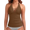 image:imageWomens Halter Tankini Tops Only  V Neck Tummy Control Swim Top Lace Up Bathing Suit Ruched Top Only No Bottom 2025Brown