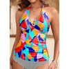 image:imageWomens Halter Tankini Tops Only  V Neck Tummy Control Swim Top Lace Up Bathing Suit Ruched Top Only No Bottom 2025Color Block