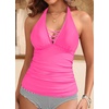 image:imageWomens Halter Tankini Tops Only  V Neck Tummy Control Swim Top Lace Up Bathing Suit Ruched Top Only No Bottom 2025Pink