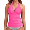 image:imageWomens Halter Tankini Tops Only  V Neck Tummy Control Swim Top Lace Up Bathing Suit Ruched Top Only No Bottom 2025Pink