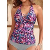 image:imageWomens Halter Tankini Tops Only  V Neck Tummy Control Swim Top Lace Up Bathing Suit Ruched Top Only No Bottom 2025Pink Floral