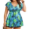 image:imagePlus Size Tankini Swimsuits  Women Two Piece Bathing Suit with Shorts Swimwear Ruffle Sleeve 2025Blue Leaf