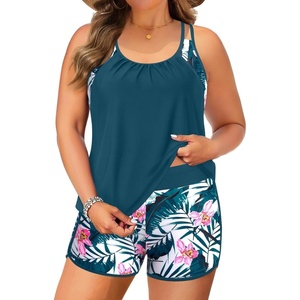 image:imagePlus Size Tankini Swimsuits Women  Blouson Two Piece Tummy Control Bathing Suit Criss Cross Tankini Top with ShortsTeal Flower