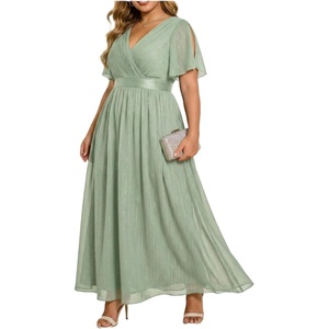 image:imageTalisea Plus Size Bridesmaid Dresses Chiffon Sage Green Wedding Guest Cocktail Short Sleeve V Neck ALine Floor Length Dress