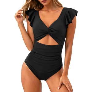 image:imageTalisea Womens One Piece Swimsuit Ruffle Swimsuit with Sleeves Cutout Bathing Suit Slimming Tummy Control V Neck SwimwearBlack