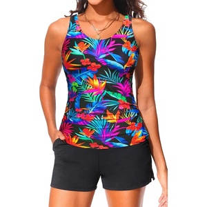 image:imageTankini Swimsuits with Shorts  Two Piece Swimsuits Tummy Control Bathing Suits with Two Side Pockets 2025Colorful Leaves
