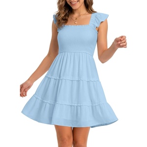 image:imageTalisea Womens Smocked Summer Dress  Ruffle Strap Square Neck Tiered Casual Flowy ALine Graduation Teen Beach SundressBlue