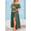image:imageMaternity Dress for Photoshoot Off Shoulder Ruffles Summer Flowy Maxi Pregnancy Dress for Baby Shower with SlitGreen