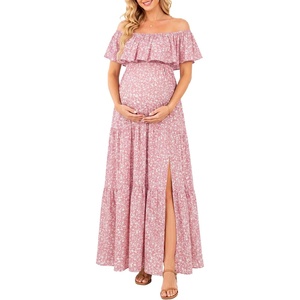image:imageMaternity Dress for Photoshoot Off Shoulder Ruffles Summer Flowy Maxi Pregnancy Dress for Baby Shower with SlitPink Floral