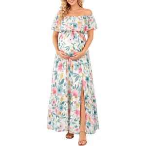 image:imageMaternity Dress for Photoshoot Off Shoulder Ruffles Summer Flowy Maxi Pregnancy Dress for Baby Shower with SlitWhite Floral