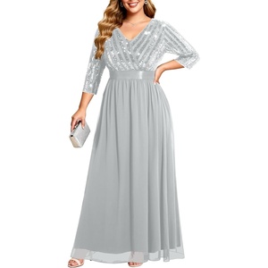image:imageWomens Plus Size Formal Dresses  V Neck 34 Sleeve Sequin Prom Evening Gowns Long Maxi DresGray