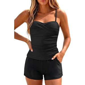 image:imageWomens Tankini Swimsuits with Shorts  Two Piece Tummy Control Bathing Suit Twist Bandeau Swimwear with Pockets 2025Black