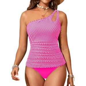 image:imageTalisea One Shoulder Tankini Set Two Piece Tummy Control Swimsuit for Women  BuiltIn Fixed Pads for Bust Support Adjustable StrapsPink White Striped