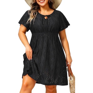 image:imageTalisea Plus Size Swimsuit Cover Up  Bathing Suit Coverup for Women  Casual summer beach swimsuit eyelet crew neck style with short sleeves for bathing suit amp swimwear coverupBlack