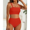 image:imageHigh Waisted Bandeau Bikini Set  Ribbed Strapless Two Piece Swimsuit  Secure bandeau top with straps High waist bottom for comfortable coverage Full coverage back for confident wearRed