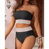 image:imageHigh Waisted Bandeau Bikini Set  Ribbed Strapless Two Piece Swimsuit  Secure bandeau top with straps High waist bottom for comfortable coverage Full coverage back for confident wearBlackcontrast Trim