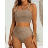 image:imageHigh Waisted Bandeau Bikini Set  Ribbed Strapless Two Piece Swimsuit  Secure bandeau top with straps High waist bottom for comfortable coverage Full coverage back for confident wearLight Brown