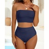 image:imageHigh Waisted Bandeau Bikini Set  Ribbed Strapless Two Piece Swimsuit  Secure bandeau top with straps High waist bottom for comfortable coverage Full coverage back for confident wearNavy Blue