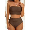 image:imageHigh Waisted Bandeau Bikini Set  Ribbed Strapless Two Piece Swimsuit  Secure bandeau top with straps High waist bottom for comfortable coverage Full coverage back for confident wearBrown