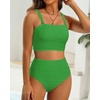 image:imageHigh Waisted Bandeau Bikini Set  Ribbed Strapless Two Piece Swimsuit  Secure bandeau top with straps High waist bottom for comfortable coverage Full coverage back for confident wearGreen
