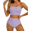 image:imageHigh Waisted Bandeau Bikini Set  Ribbed Strapless Two Piece Swimsuit  Secure bandeau top with straps High waist bottom for comfortable coverage Full coverage back for confident wearPurple