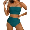 image:imageHigh Waisted Bandeau Bikini Set  Ribbed Strapless Two Piece Swimsuit  Secure bandeau top with straps High waist bottom for comfortable coverage Full coverage back for confident wearTeal