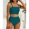 image:imageHigh Waisted Bandeau Bikini Set  Ribbed Strapless Two Piece Swimsuit  Secure bandeau top with straps High waist bottom for comfortable coverage Full coverage back for confident wearTeal