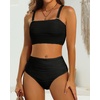 image:imageHigh Waisted Bandeau Bikini Set  Ribbed Strapless Two Piece Swimsuit  Secure bandeau top with straps High waist bottom for comfortable coverage Full coverage back for confident wearBlack
