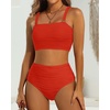 image:imageHigh Waisted Bandeau Bikini Set  Ribbed Strapless Two Piece Swimsuit  Secure bandeau top with straps High waist bottom for comfortable coverage Full coverage back for confident wearRed