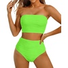 image:imageHigh Waisted Bandeau Bikini Set  Ribbed Strapless Two Piece Swimsuit  Secure bandeau top with straps High waist bottom for comfortable coverage Full coverage back for confident wearNeon Green