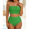 image:imageHigh Waisted Bandeau Bikini Set  Ribbed Strapless Two Piece Swimsuit  Secure bandeau top with straps High waist bottom for comfortable coverage Full coverage back for confident wearGreen