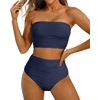 image:imageHigh Waisted Bandeau Bikini Set  Ribbed Strapless Two Piece Swimsuit  Secure bandeau top with straps High waist bottom for comfortable coverage Full coverage back for confident wearNavy Blue