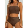 image:imageHigh Waisted Bandeau Bikini Set  Ribbed Strapless Two Piece Swimsuit  Secure bandeau top with straps High waist bottom for comfortable coverage Full coverage back for confident wearBrown