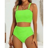 image:imageHigh Waisted Bandeau Bikini Set  Ribbed Strapless Two Piece Swimsuit  Secure bandeau top with straps High waist bottom for comfortable coverage Full coverage back for confident wearNeon Green