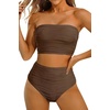 image:imageHigh Waisted Bandeau Bikini Set  Ribbed Strapless Two Piece Swimsuit  Secure bandeau top with straps High waist bottom for comfortable coverage Full coverage back for confident wearBrown
