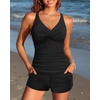 image:imageTankini Bathing Suits with Skirt Two Piece Tummy Control Twist Swimsuits  Adjustable StrapsSlimming Ruching DesignChic Twist Front and VNeckBuiltIn Safety BriefBlack With Shorts