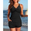 image:imageTankini Bathing Suits with Skirt Two Piece Tummy Control Twist Swimsuits  Adjustable StrapsSlimming Ruching DesignChic Twist Front and VNeckBuiltIn Safety BriefBlack With Shorts