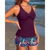 image:imageTankini Bathing Suits with Skirt Two Piece Tummy Control Twist Swimsuits  Adjustable StrapsSlimming Ruching DesignChic Twist Front and VNeckBuiltIn Safety BriefPurple Leaf With Shorts