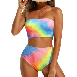 image:imageHigh Waisted Bandeau Bikini Set  Ribbed Strapless Two Piece Swimsuit  Secure bandeau top with straps High waist bottom for comfortable coverage Full coverage back for confident wearColorful Tie Dye