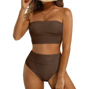 image:imageHigh Waisted Bandeau Bikini Set  Ribbed Strapless Two Piece Swimsuit  Secure bandeau top with straps High waist bottom for comfortable coverage Full coverage back for confident wearBrown