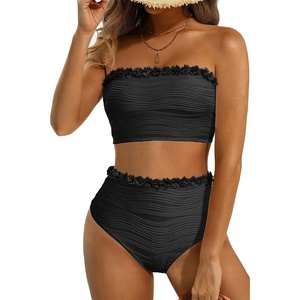 image:imageHigh Waisted Bandeau Bikini Set  Ribbed Strapless Two Piece Swimsuit  Secure bandeau top with straps High waist bottom for comfortable coverage Full coverage back for confident wearMeshblack