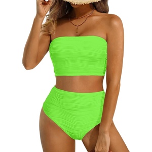 image:imageHigh Waisted Bandeau Bikini Set  Ribbed Strapless Two Piece Swimsuit  Secure bandeau top with straps High waist bottom for comfortable coverage Full coverage back for confident wearNeon Green