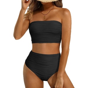 image:imageHigh Waisted Bandeau Bikini Set  Ribbed Strapless Two Piece Swimsuit  Secure bandeau top with straps High waist bottom for comfortable coverage Full coverage back for confident wearBlack