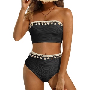 image:imageHigh Waisted Bandeau Bikini Set  Ribbed Strapless Two Piece Swimsuit  Secure bandeau top with straps High waist bottom for comfortable coverage Full coverage back for confident wearShellblack