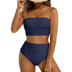 image:imageHigh Waisted Bandeau Bikini Set  Ribbed Strapless Two Piece Swimsuit  Secure bandeau top with straps High waist bottom for comfortable coverage Full coverage back for confident wearNavy Blue