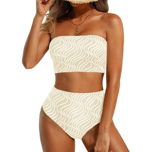 image:imageHigh Waisted Bandeau Bikini Set  Ribbed Strapless Two Piece Swimsuit  Secure bandeau top with straps High waist bottom for comfortable coverage Full coverage back for confident wearContrast Colorbeige