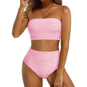 image:imageHigh Waisted Bandeau Bikini Set  Ribbed Strapless Two Piece Swimsuit  Secure bandeau top with straps High waist bottom for comfortable coverage Full coverage back for confident wearLight Pink